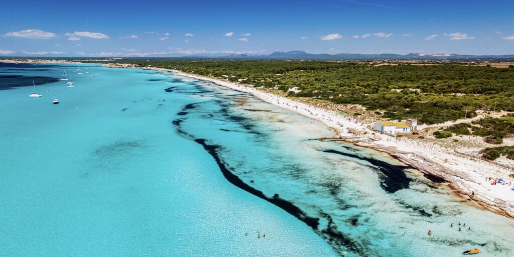 Aerial view of Es Trenc, a beach in Mallorca, to explain if there are nudist beaches in Mallorca